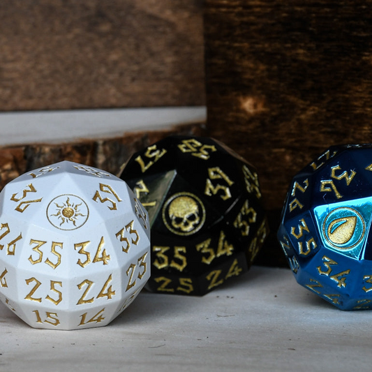 Three polyhedral dice with different designs on a wooden surface