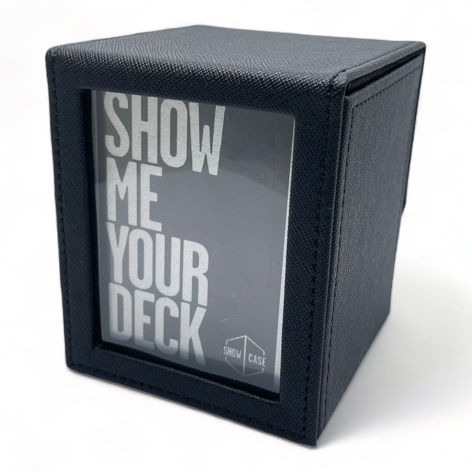 Deck Box in black with Window showcasing a card that says "Show me your deck"