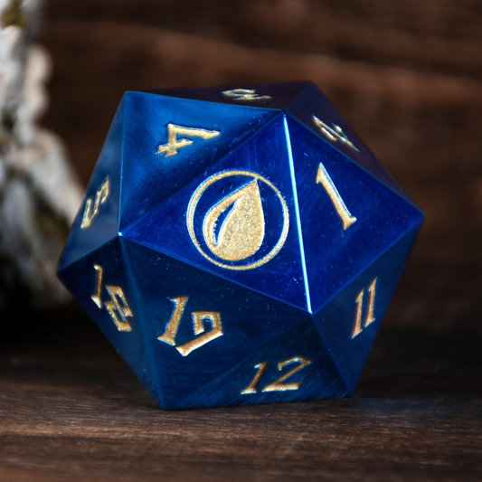 Blue polyhedral dice with gold numbers on a wooden surface