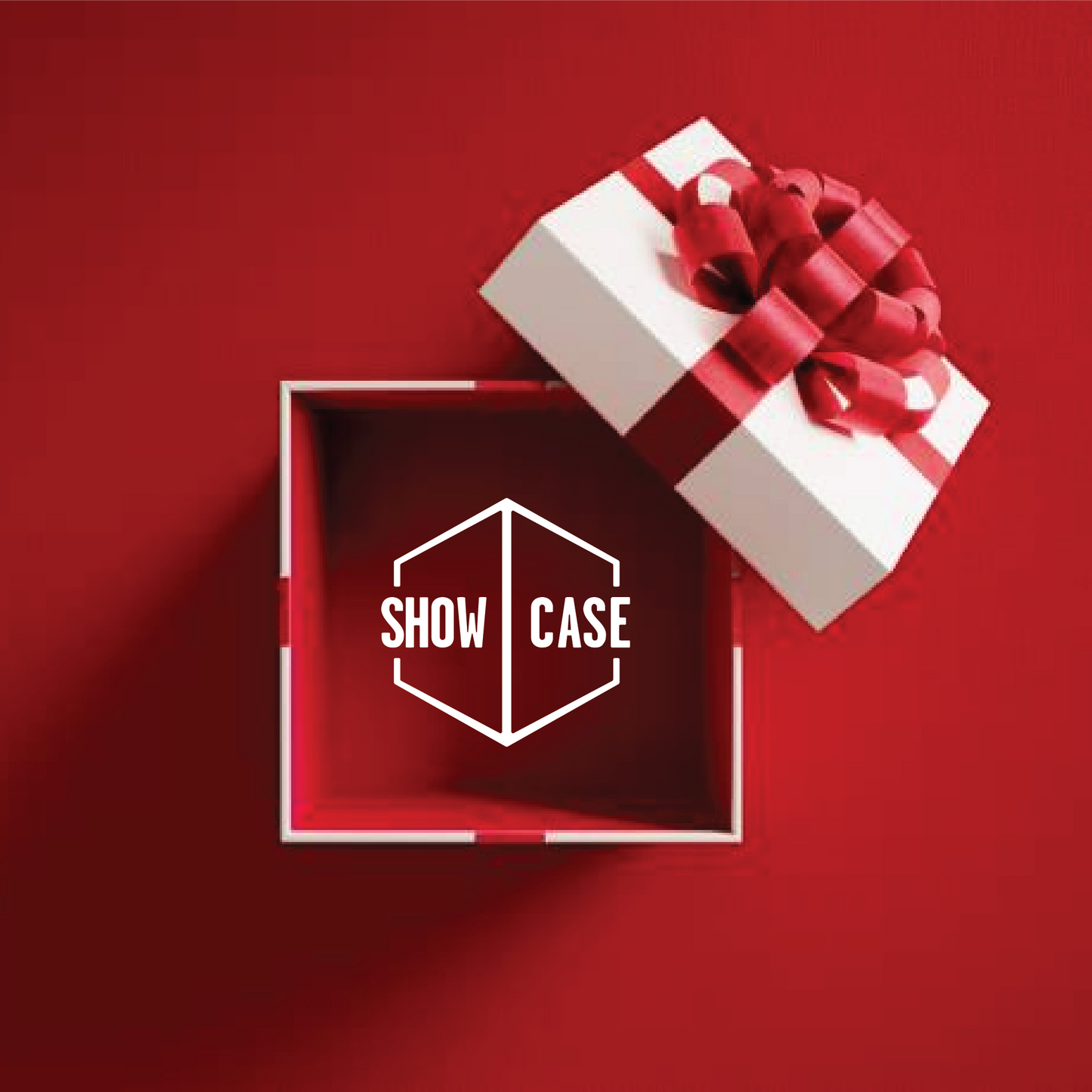 A greeting card with a red background and a white gift box, featuring a Showcase gift card logo.